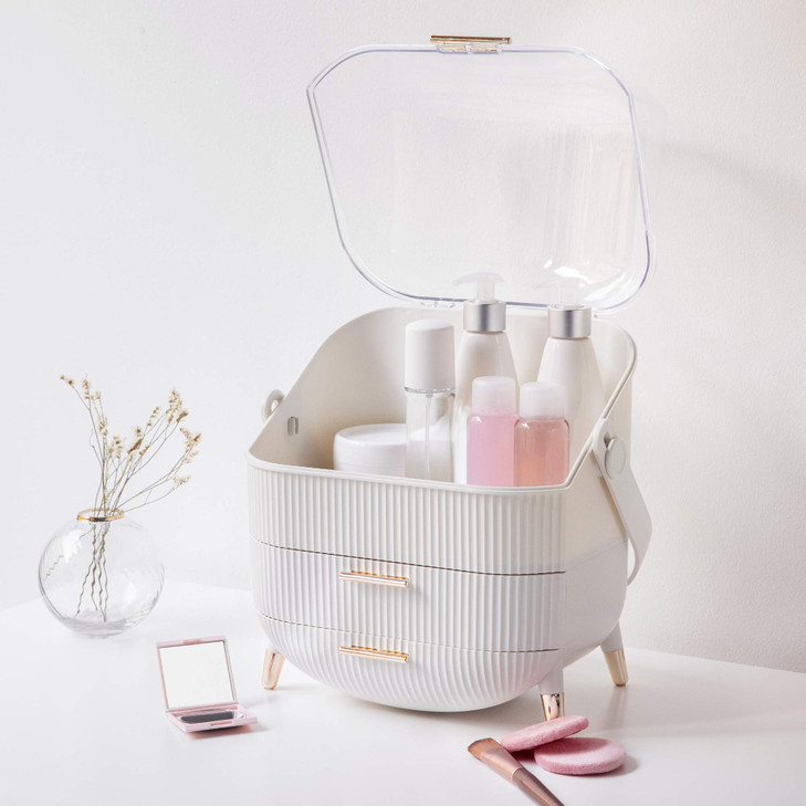 Navaris Makeup Organizer Storage Box Cosmetics Skincare and Beauty Case with Clear Lid Display and 2 Drawers Bathroom Co