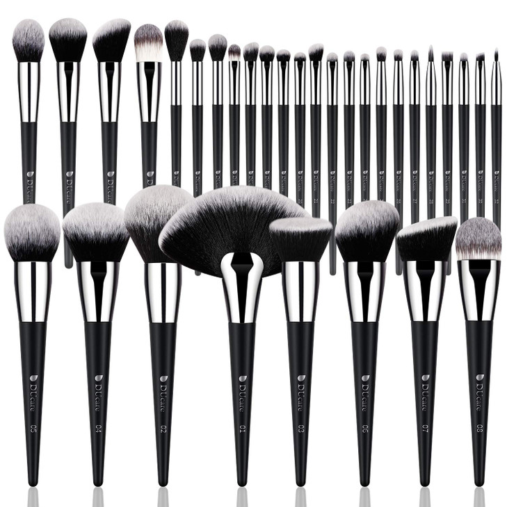 DUcare 32Pcs Makeup Brush Set Black Kabuki Foundation Blending Brushes Professional Face Eye Makeup Kit with Fan Conceal