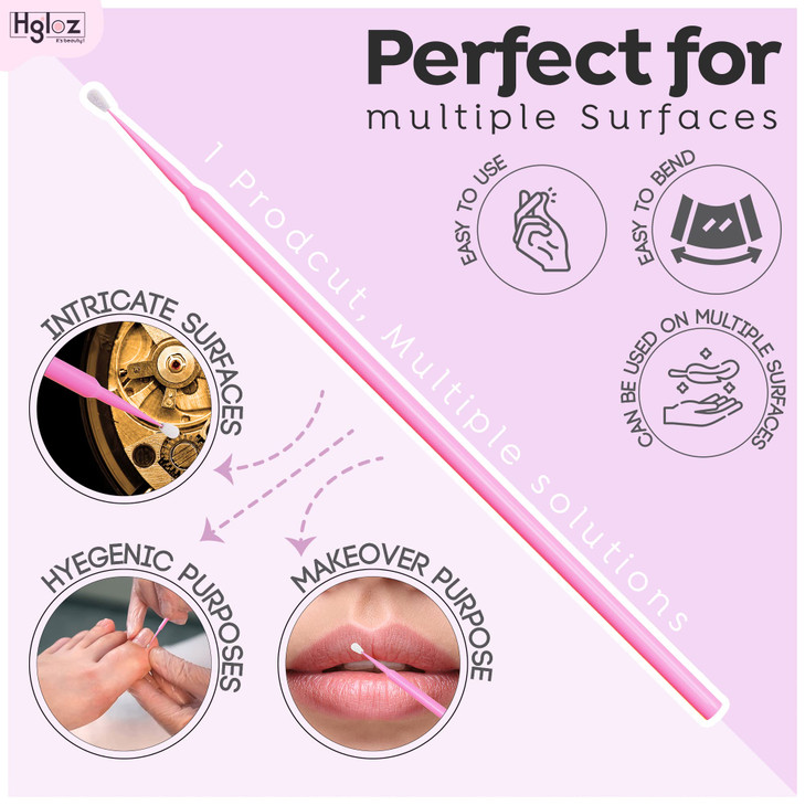 HGLOZ Microswabs for Eyelash Extensions Pack of 500 in Pink 2mm Soft Micro Applicator Brush with Microfiber Wands Suitab