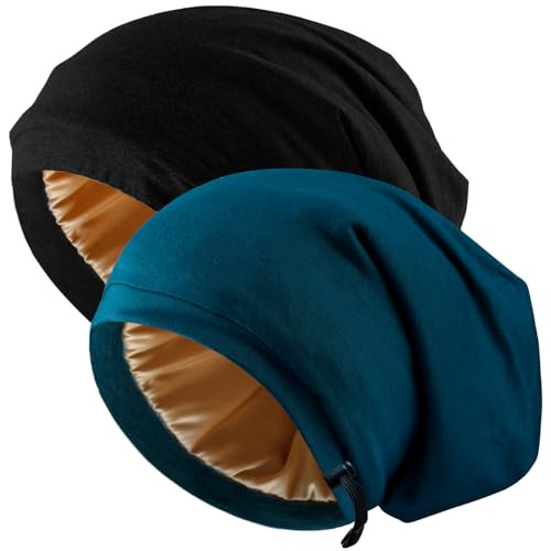 NICPOO Silk Satin Bonnet Hair Wrap for Sleeping 2 Pcs Adjustable Silk Bonnets for Women Men Sleep Cap Silk Lined Slouchy