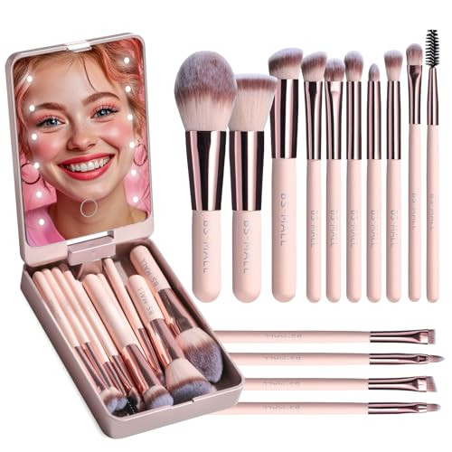 BSMALL Makeup Brushes Foundation Powder Concealers Eye Shadows Makeup Set with LED light Mirror 14 Pcs Mini Makeup Brush