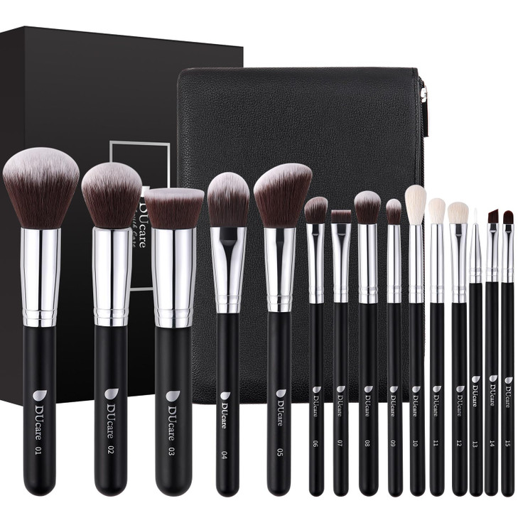 DUcare Makeup Brushes with Bag15Pcs Christmas Makeup Brush Set Travel Kabuki Foundation Blending Blush Eyeliner Shadow B