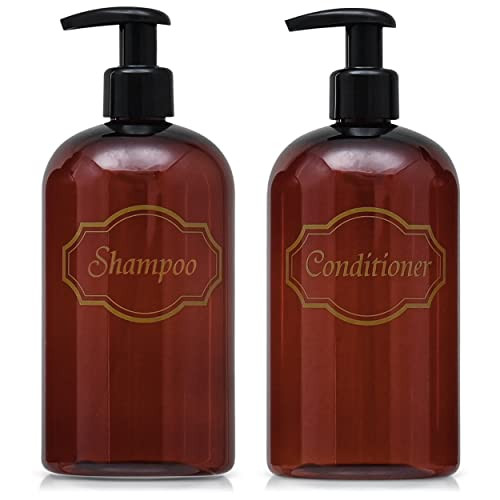 Bottiful Home16 oz Shampoo and Conditioner Refillable Empty Plastic Pump Bottle Dispenser Set Amber