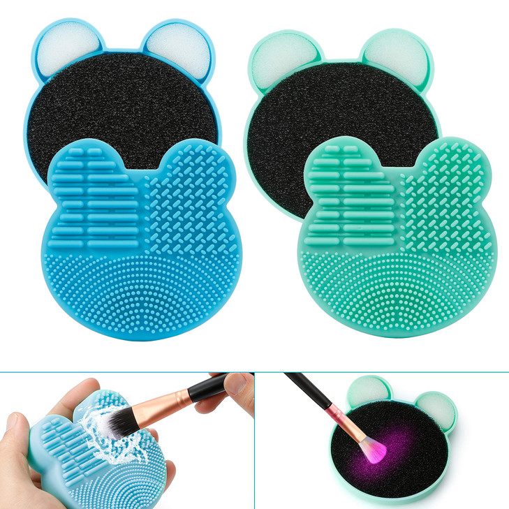 TailaiMei 2 Pack Makeup Brush Cleaning Mat with Color Removal Sponge 2 in 1 Design Silicone Cleaner Pad for Dry Brush Co