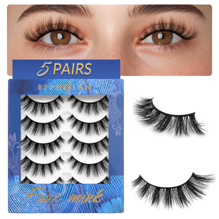 Bepholan False Eyelashes Natural Look Wispy 3D Super Fluffy False Lashes Volume Cat Eye Lashes 5 Pairs Faux Mink Lashes