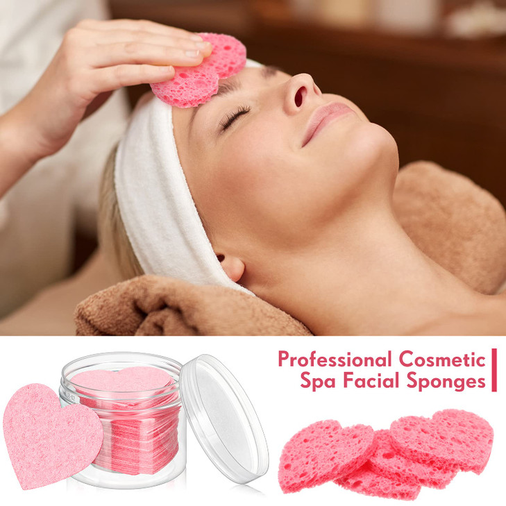 Nuenen 60 Pieces Facial Sponges with Container Heart Shape Compressed Face Sponges Natural Cleaning Pads for Washing Fac