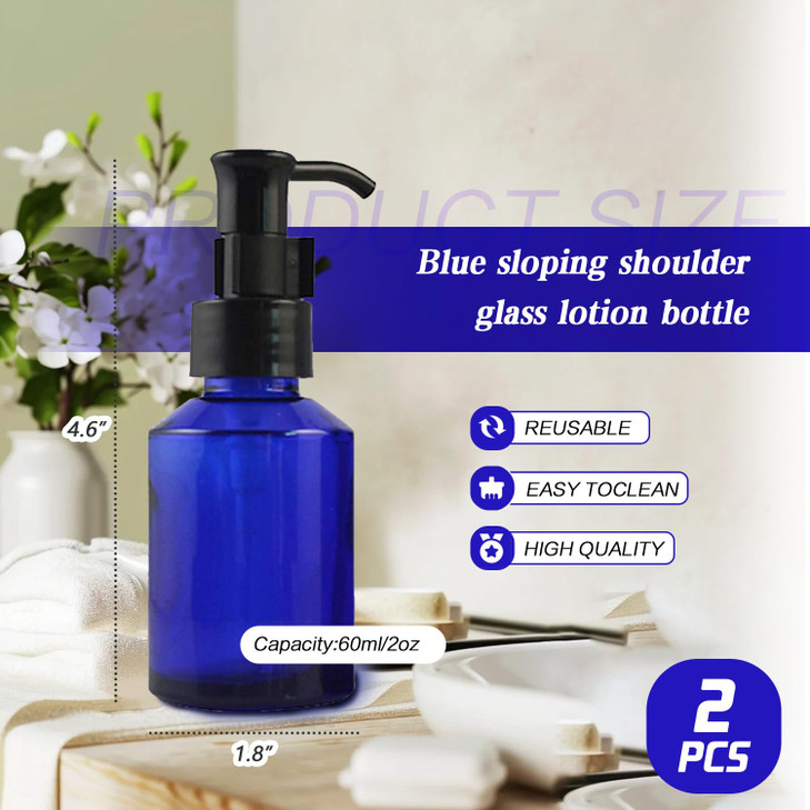 2PCS 60ML2oz Blue Glass Pump Bottles with Black Pump Top Cosmetic Makeup Cream Lotion Sample Packing Storage Container V