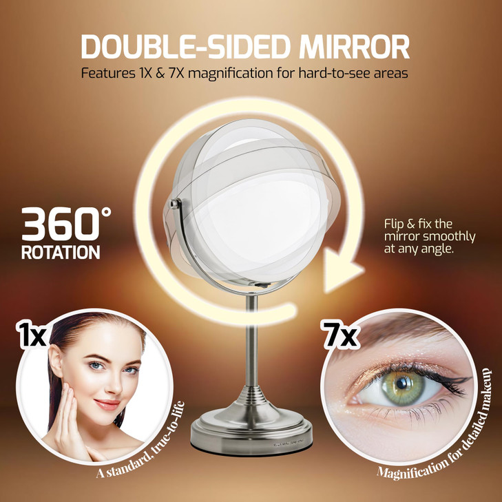 OVENTE 7 Lighted Makeup Mirror with 1X7X Magnification Cordless Tabletop Mount Vanity Mirror with 360 Swivel Design Doub