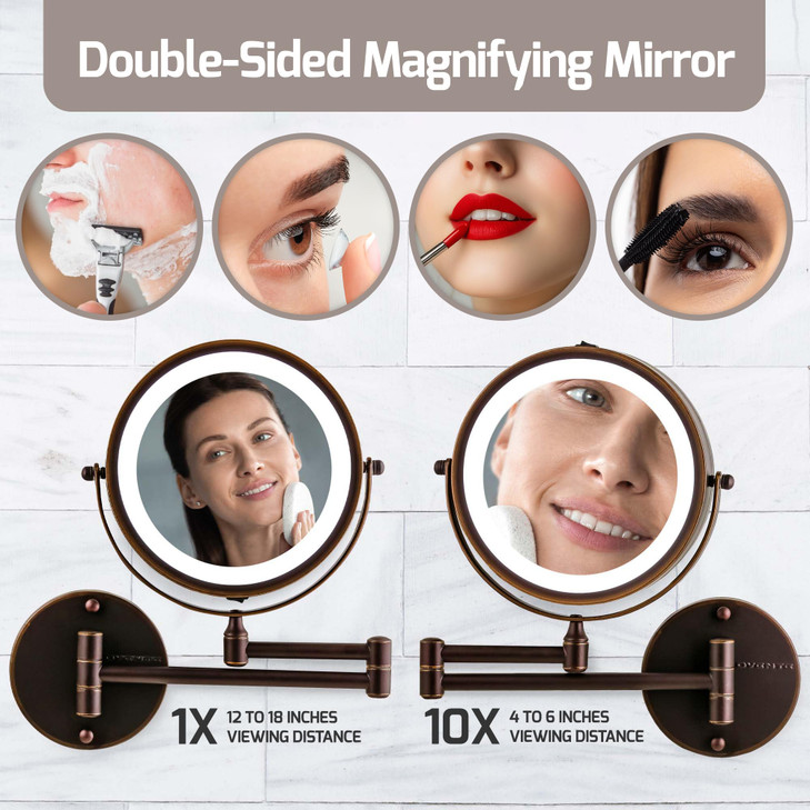 OVENTE Wall Mounted Lighted Makeup Mirror 7 Double Sided 1X10X Magnifying Vanity Mirror for Bathroom with LED Lights Cor