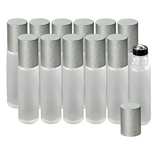 12Pack Frosted Clear Glass Roller Bottles with Brushed Silver Leakproof Caps Premium Quality Empty RollOn Bottles for Es