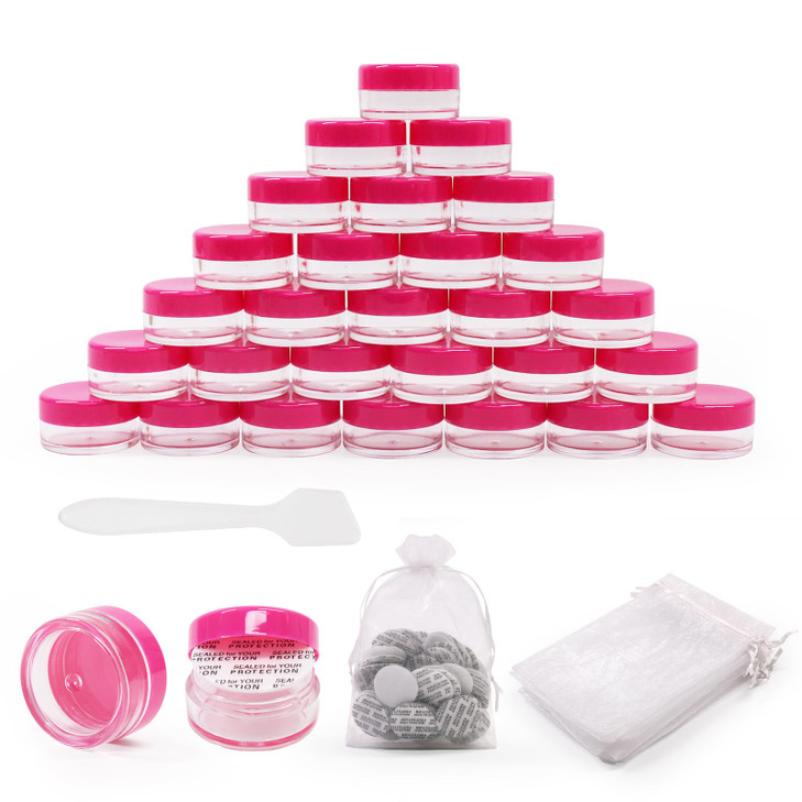 SumDirect 5 Gram Cosmetic Containers 100Pcs Sample Jars with Hotpink Lids Small Plastic Makeup Sample Containers with Or