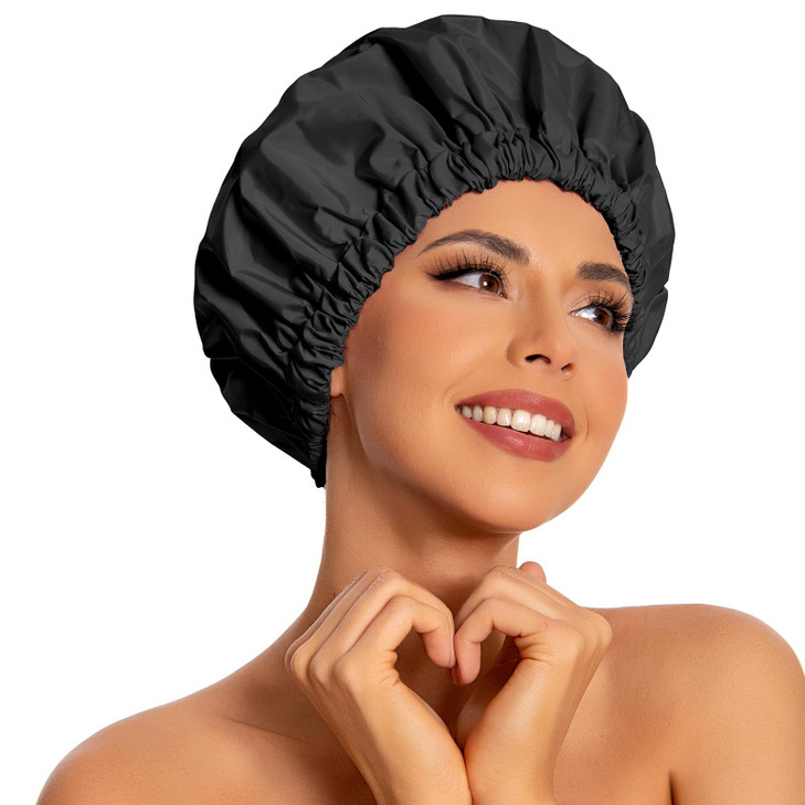 Reusable Shower Cap for Women, Large Waterproof Shower Bonnet Washable Elastic Band Bath Accessories Hair Hat for Long Hair, Braids(Black) online at globaldelivered
