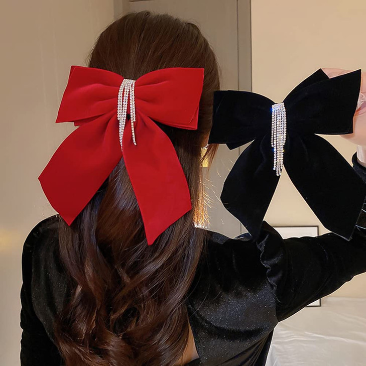 Wiwpar Velvet Big Red Hair Bows Hair Clips Barrettes for Women Sparkly Rhinestone Tassel Hair Clips Barrettes Bowknot with Long Brocade Tassel Ribbon