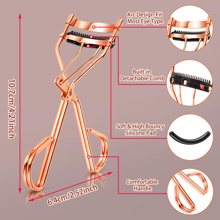 Arroyner 4Pcs Eyelash Curlers with Comb Rose Gold Beauty Eyelashes Curlers with Built in Comb Lash Curler Makeup Tool fo