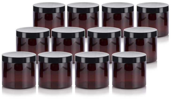 JUVITUS 16 oz Amber PET Plastic Refillable Jar With Black Smooth Lid 12 pack