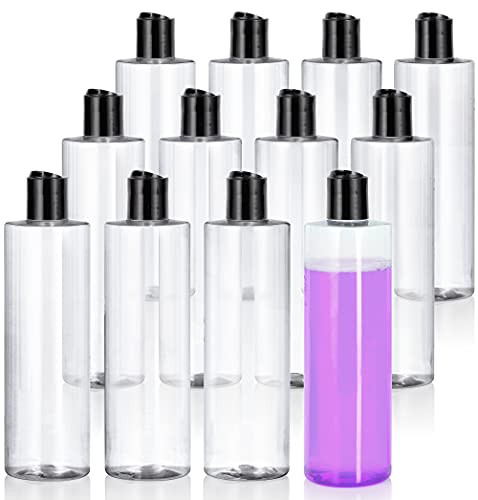JUVITUS 12 pack 16 oz Clear Cylinder PET Plastic Bottles with Disc Cap Lid