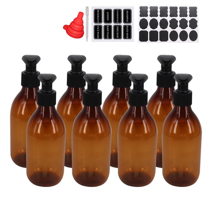 zmybcpack 8 Pack 8OZ Empty Plastic Pump Lotion Bottles with 1 Pen Labels Silicone Funnel Amber Color Lotion Dispenser wi