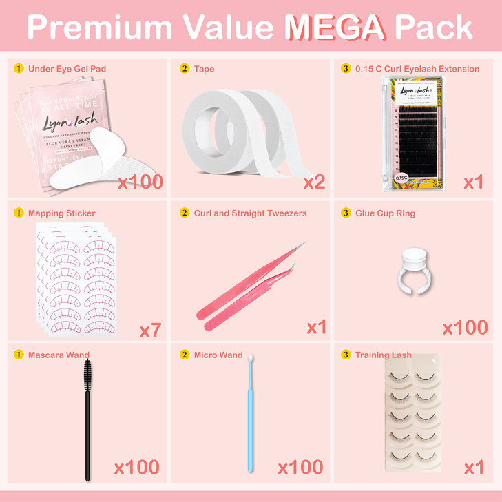 Lyon Lash Eyelash Extension Supplies 4x100 Packs 100 Pairs Under Eye Gel Pads 100 Disposable Mascara Brushes Wands 100 M