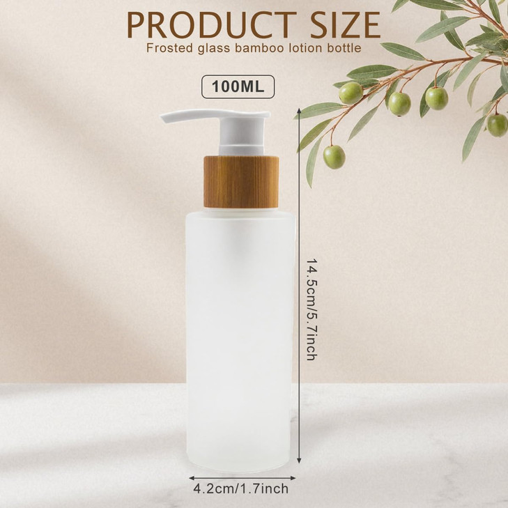 100ml 34oz Frosted Glass Pump Bottle Empty Refillable Dispenser with Bamboo Press Head for Shampoo Lotion Essential Oils