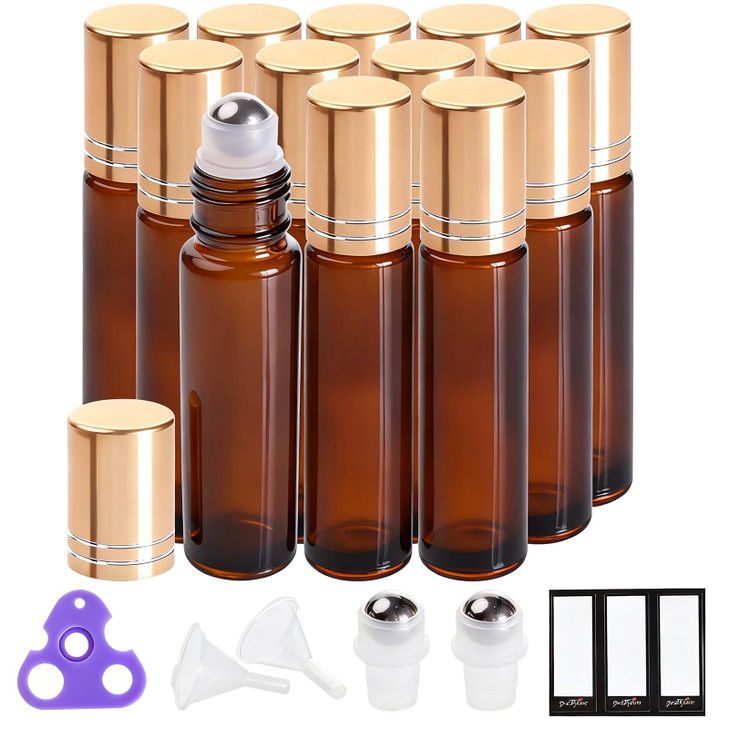 PrettyCare 12 Pack 10 ml Essential Oil Roller Bottles with Stainless Steel Roller Ball Refillable Leakproof Empty Thick