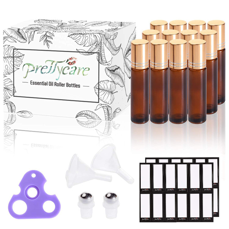PrettyCare 12 Pack 10 ml Essential Oil Roller Bottles with Stainless Steel Roller Ball Refillable Leakproof Empty Thick