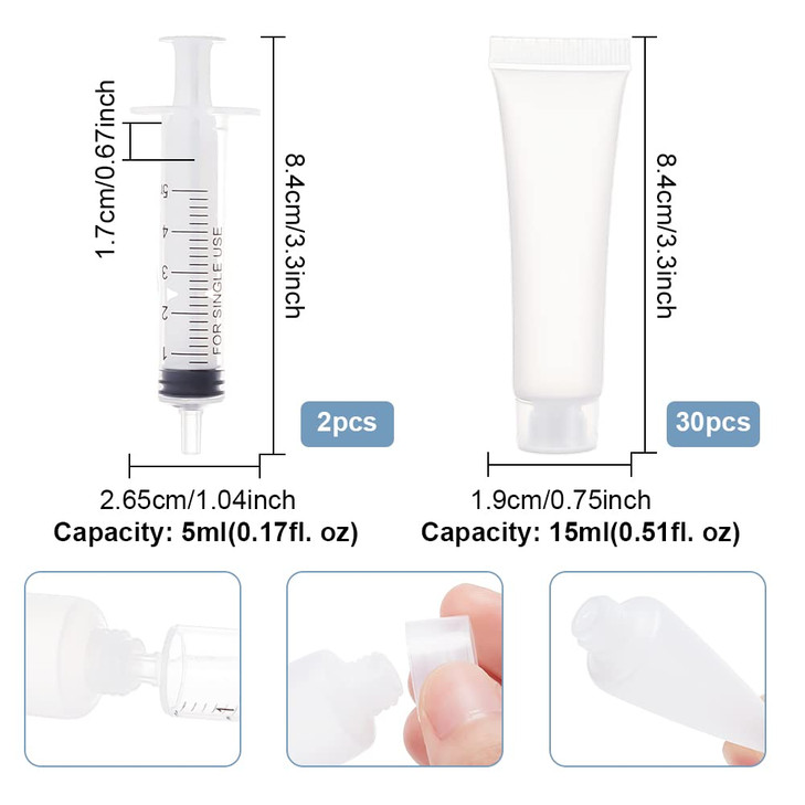 BENECREAT 30 Pack 05oz Clear Empty Tubes with Plastic Syringes Clear Squeezable Cosmetic Containers Refillable Plastic T