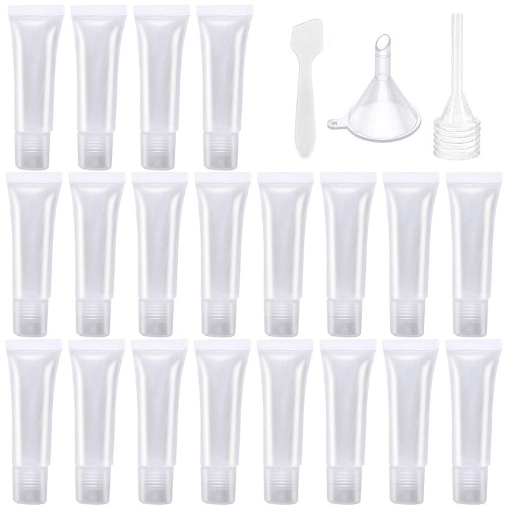 AYWFEY 20 Pcs 8 ml Empty Lip Gloss Tubes Plastic Funnels Pipette Spatula Refillable Travel Tubes Clear Lip Balm Tubes Em