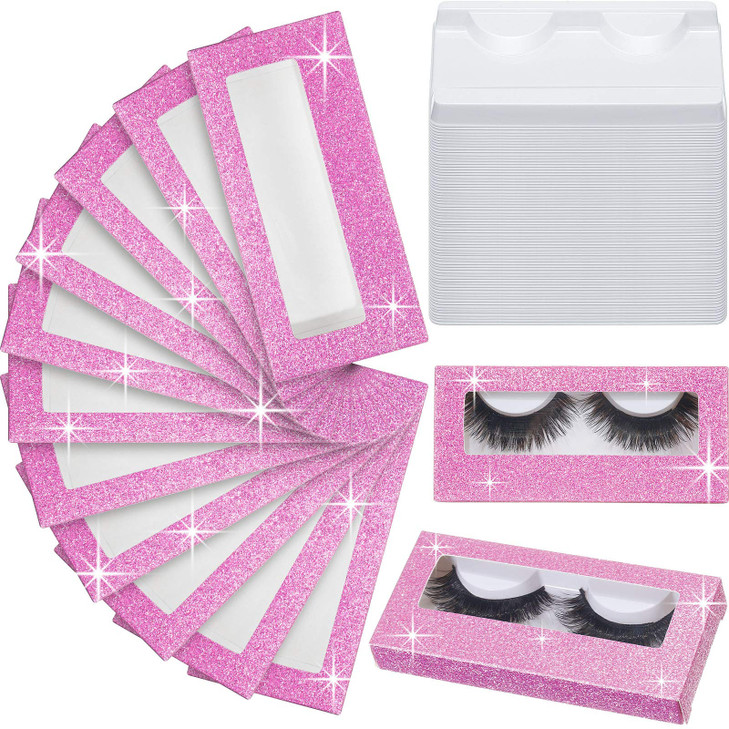Maitys 100 Pieces Empty Eyelash Case Set 50 Empty Eyelash Boxes and 50 Storage Trays Bulk Glitter Packaging Boxes for Tr