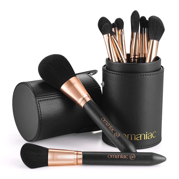 OMANIAC Makeup Brush Set Professional 12 Pearlescent Wood Handle Makeup Brushes Premium CrueltyFree Synthetic Fiber Hair