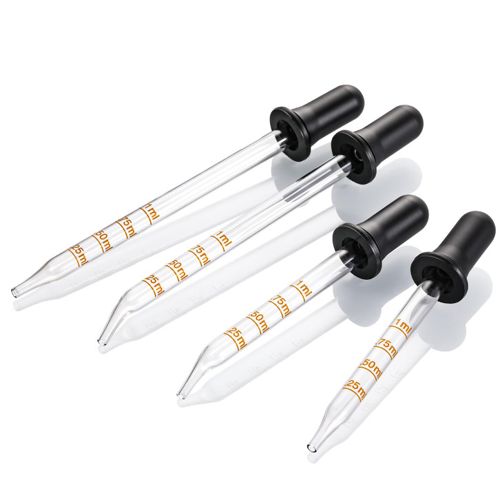4 Pack 1 mL Glass Eye Dropper with Measurement Long Short Bent Straight Tip Calibrated Glass Medicine Droppers Accurate