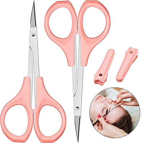 2 Pack Small Scissors 4 Inch Curved Eyebrow Beauty Stainless Steel Trimming Scissors for Eyelash Facial Nose HairPink