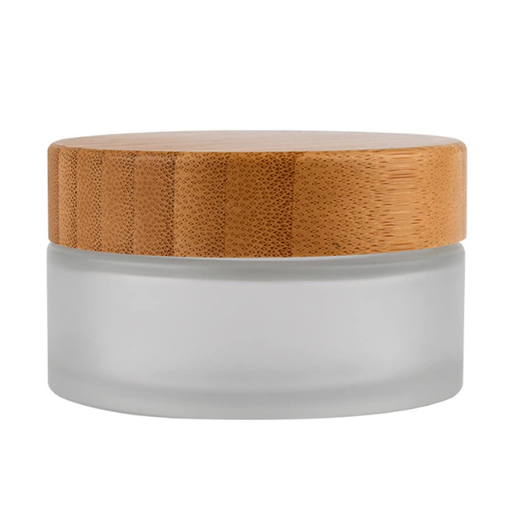 100g 100ml Frosted Glass Cream Jar Cosmetic Container with Inner Liners and Natural Bamboo lids Refillable Straight Side