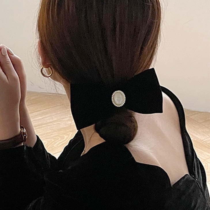 Sttiafay Velvet Bow Hair Clip Black Satin Bow Hair Barrette Bowknot French Barrette Headdress Pearl Bow Tail Headwear Hair Accessories for Women and