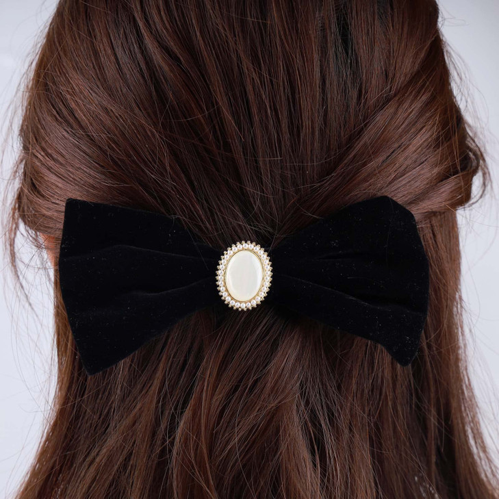 Sttiafay Velvet Bow Hair Clip Black Satin Bow Hair Barrette Bowknot French Barrette Headdress Pearl Bow Tail Headwear Hair Accessories for Women and