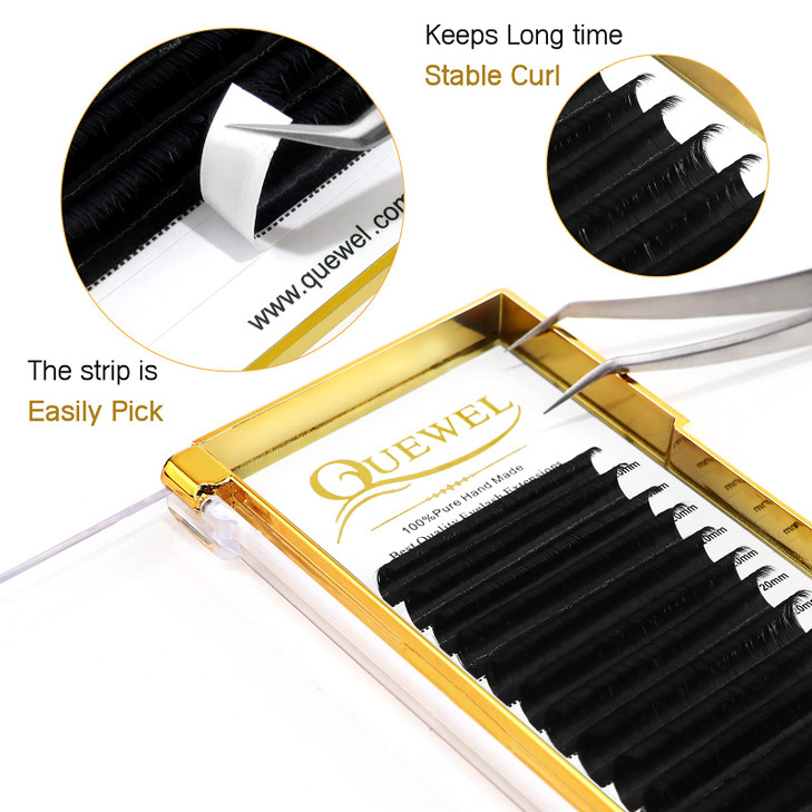 QUEWEL Easy Fan Lash Extensions 007mm D Curl Eyelash Extensions 20mm Single Lash Trays Matte Black Ultra Lightweight C C
