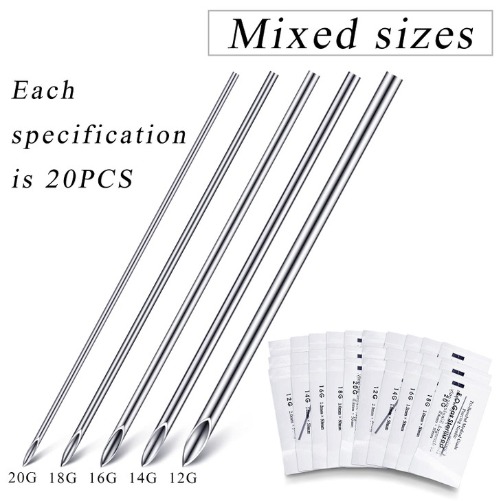 Chumia Piercing Kit 100 Pcs Piercing Needle with 1 Pcs Clamps Stainless Forceps Clamp Hollow Needle Mixed Sizes 12g 14g