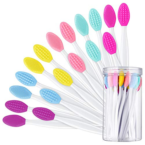 Patelai 24 Pcs Lip Scrub Brush Silicone Lip Scrubber Exfoliator with Container Double Sided Soft Cleansing Brush Tool fo