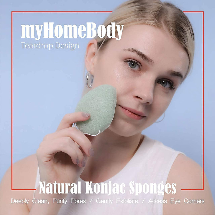 myHomeBody Natural Konjac Facial Sponges Teardrop Shape for Gentle Face Cleansing and Exfoliation with Activated Charcoa