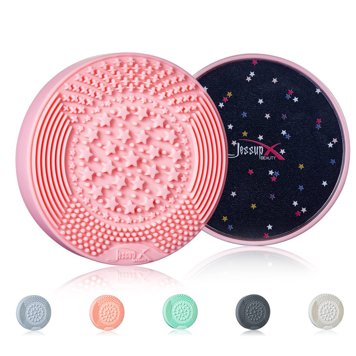 Jessup Makeup Brush Cleaning Mat with Color Removal Sponge 2 in 1 Silicone Makeup Brush Cleaner Sachet Pink A005