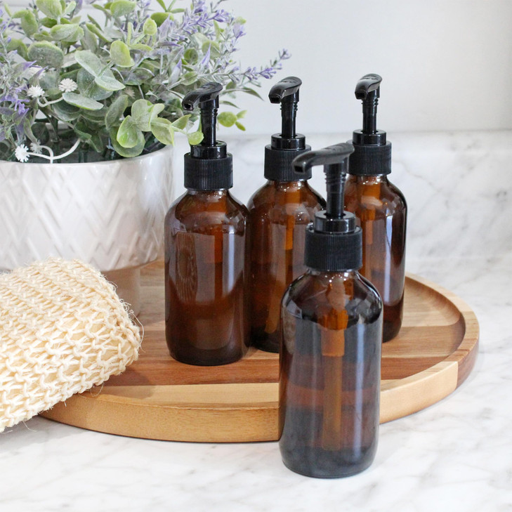 Cornucopia Brands 4oz Amber Glass Pump Bottles Pack of 4 Great for Lotions Liquid Soap Aromatherapy and More