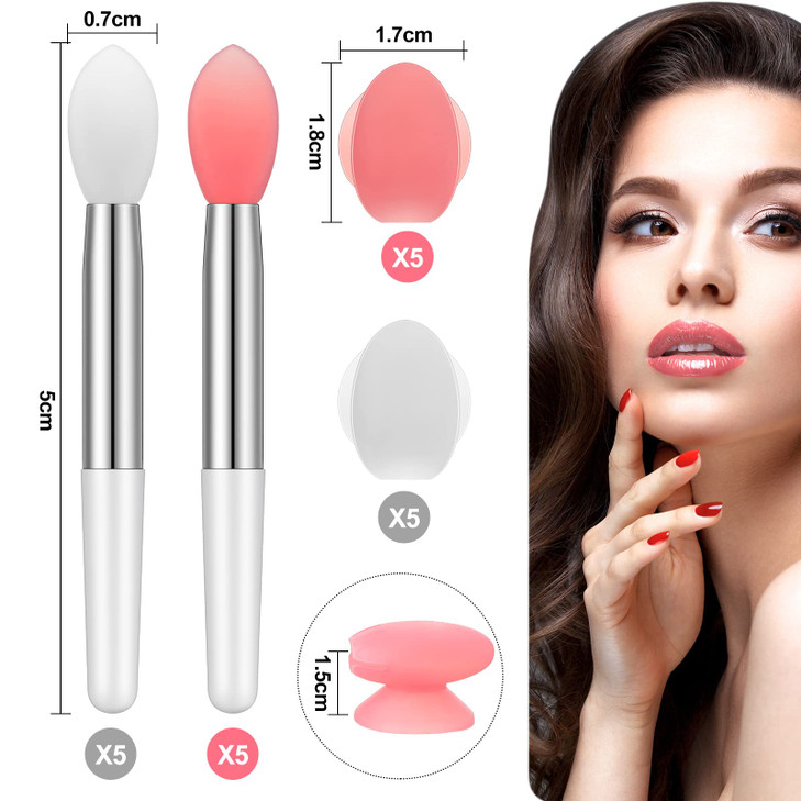 Newtay 20 Pcs Silicone Lip Brush Covers and Brushes for Reusable Lip Mask Eyeshadow Balm and Other Cream Makeup Products