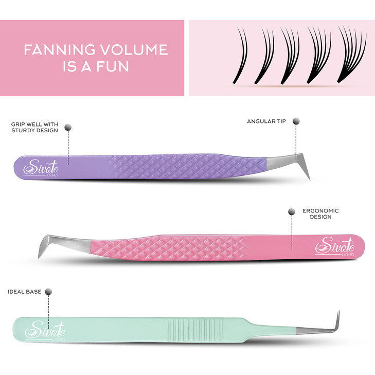 SIVOTE Lash Tweezers for Eyelash Extensions Set of 3 Volume Volume Boot Slim 90 Degree Tweezers with Fiber Tips in Paste