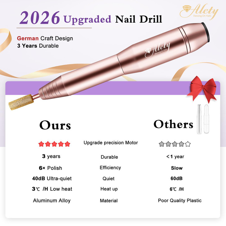 Alety Electric Nail Drill Kit - Portable File for Acrylic Gel Nails, Professional Machine Efile Manicure Pedicure Tools With Gold Drill Bits for Home