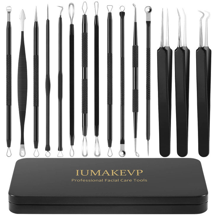 Pimple Popper Tool Kit IUMAKEVP 15 PCS Professional Stainless Steel Blackhead Remover Comedone Extractor Tools for Remov