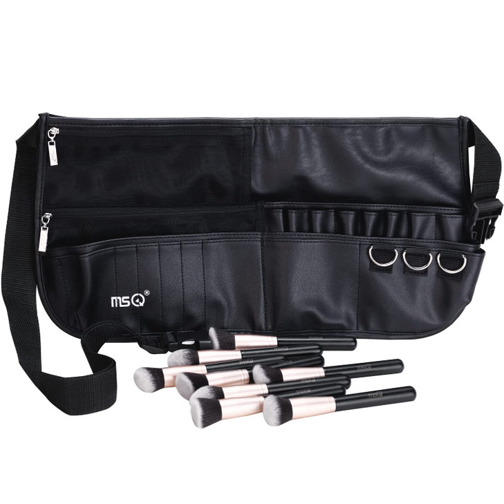 MSQ Makeup Brush Bag with Belt Multi Pocket Foldable Apron Pack Cosmetic Brush Pouch Holder Organizer with Adjustable Ar