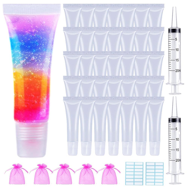 AMORIX 50PCS Lip Gloss Tubes 10ml Empty Lip Balm Containers Refillable Lipgloss Squeeze Tubes with 2 x 20ml Syringes 5pc
