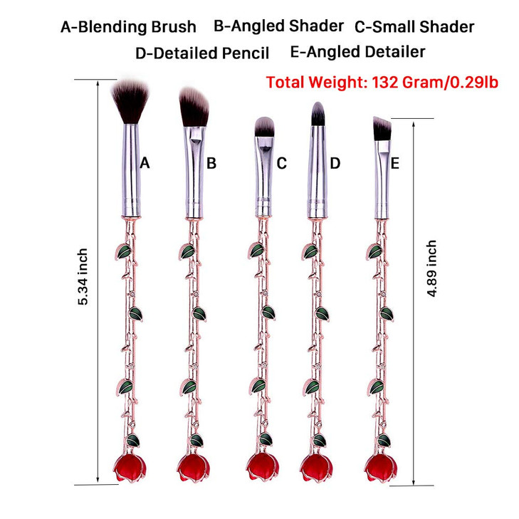 Rose Eye Makeup Brush Set 5pcs Wand Makeup Brushes with Soft Synthetic Fiber and Metallic Handle for Eyebrow Eyeshadow F