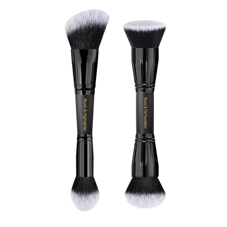 LORYP Black Makeup Brushes 2Pcs Duo End Foundation Powder Brush Set Blush Highlighter Brush and Round Flat Foundation Br