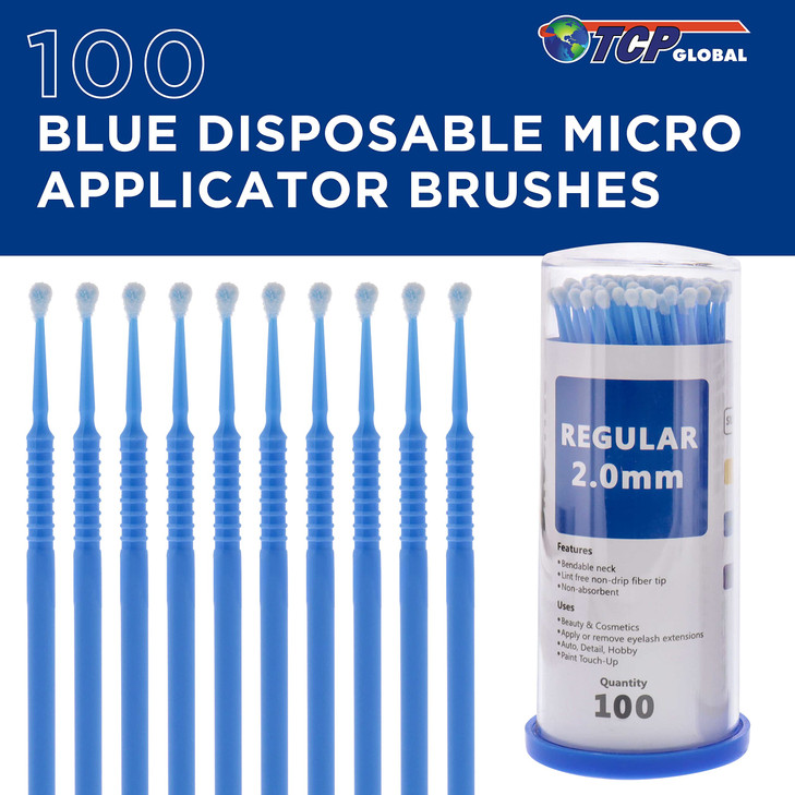 TCP Global Eyelash Extension Micro Brushes 100 Medium 20 mm Tip Size Blue Disposable Brush Applicators Apply Makeup Pain