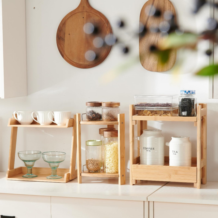GOBAM Bamboo Makeup Countertop Organizer Small 2 Layer Cosmetics Lipsticks Jewelry Brushes Hair Accessories Perfume Orga